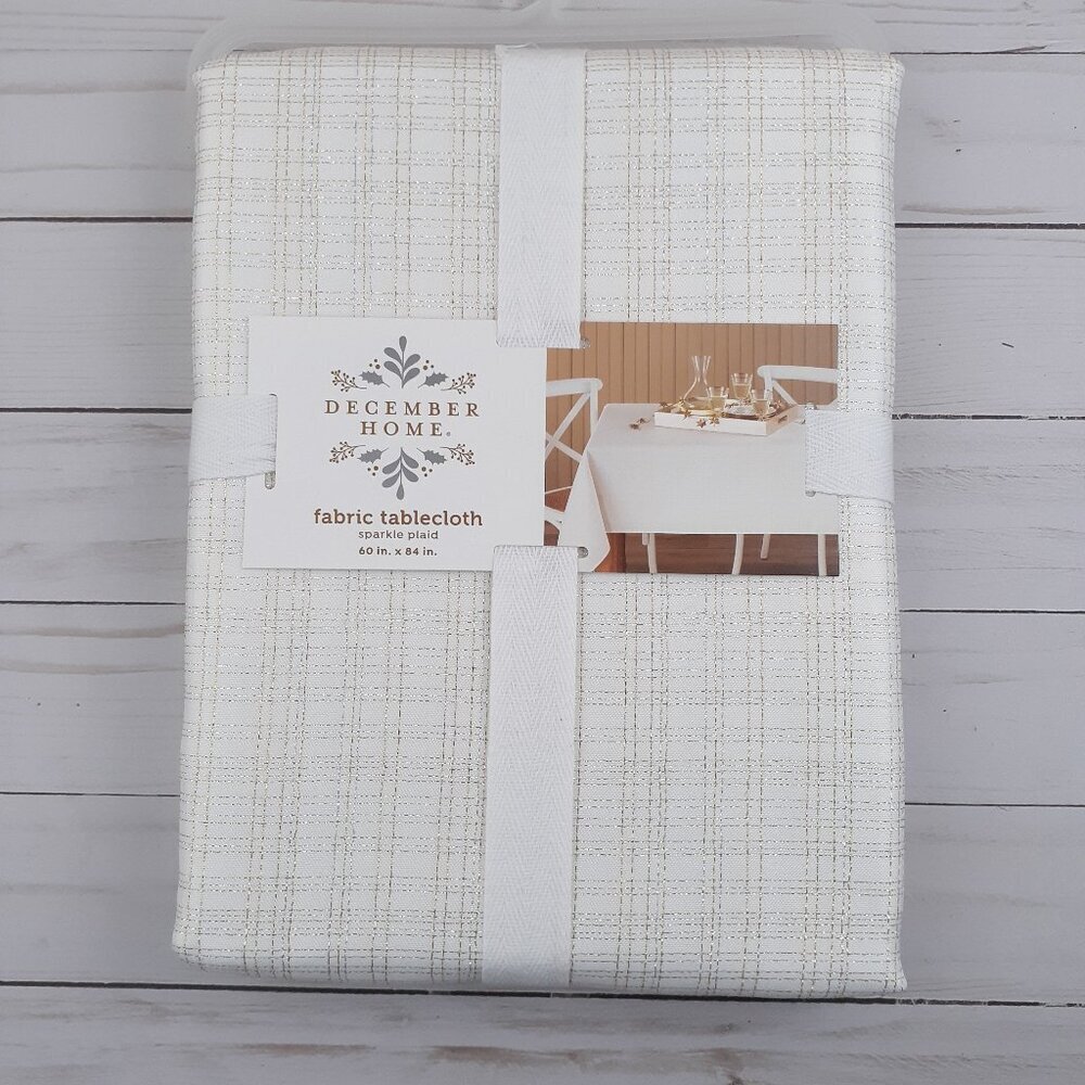 Fabric Tablecloth 60x84 Sparkle Plaid Gold Silver